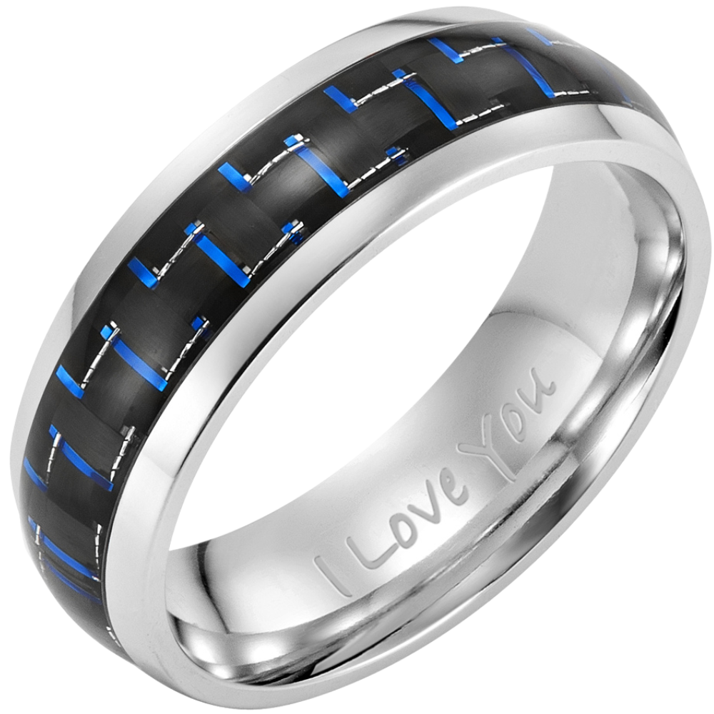 Men’s Titanium Ring Engraved I Love You with Blue Carbon Fiber