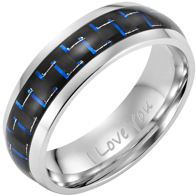Men’s Titanium Ring Engraved I Love You with Blue Carbon Fiber 7mm