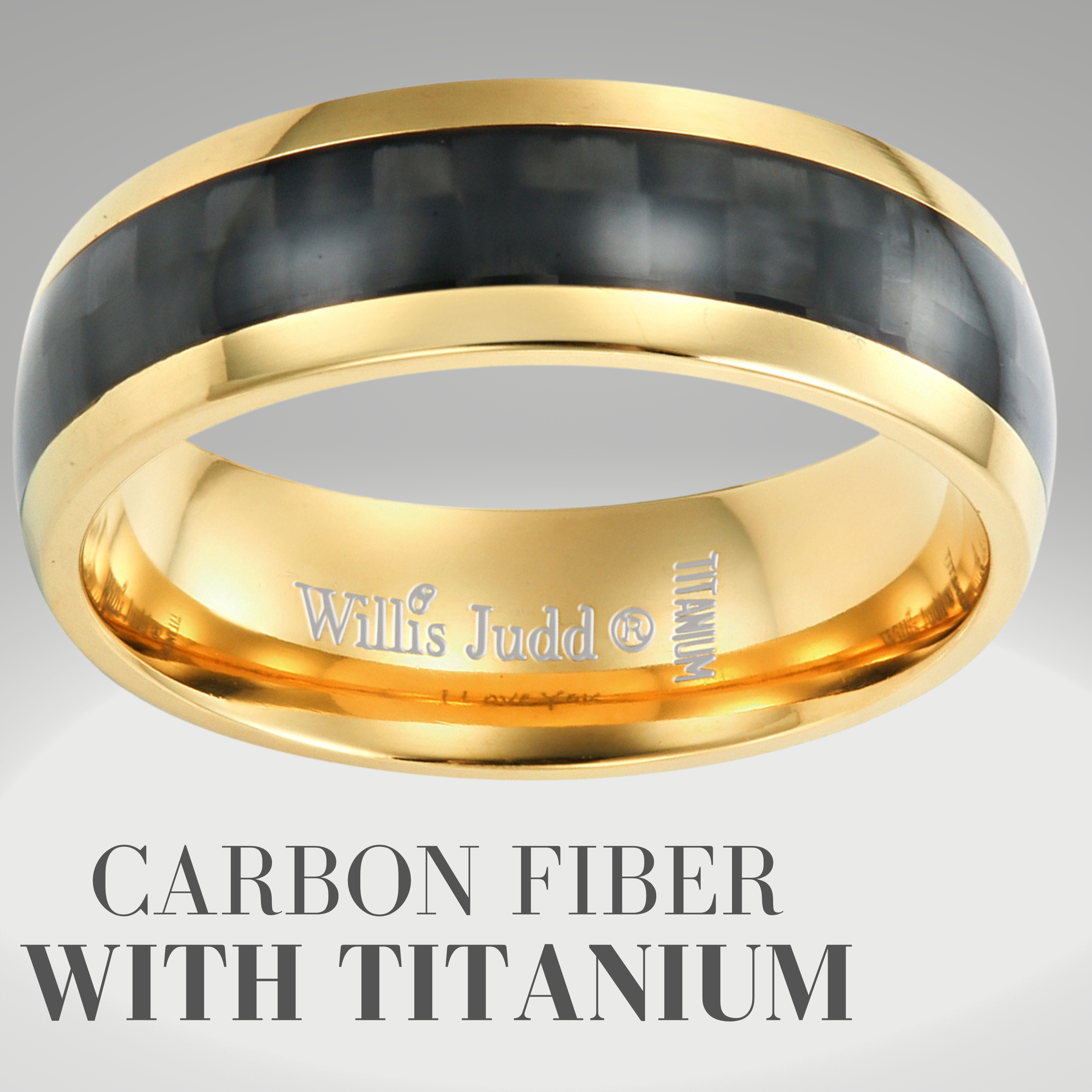Men’s Gold Titanium Ring with Black Carbon Fiber Etched I Love You