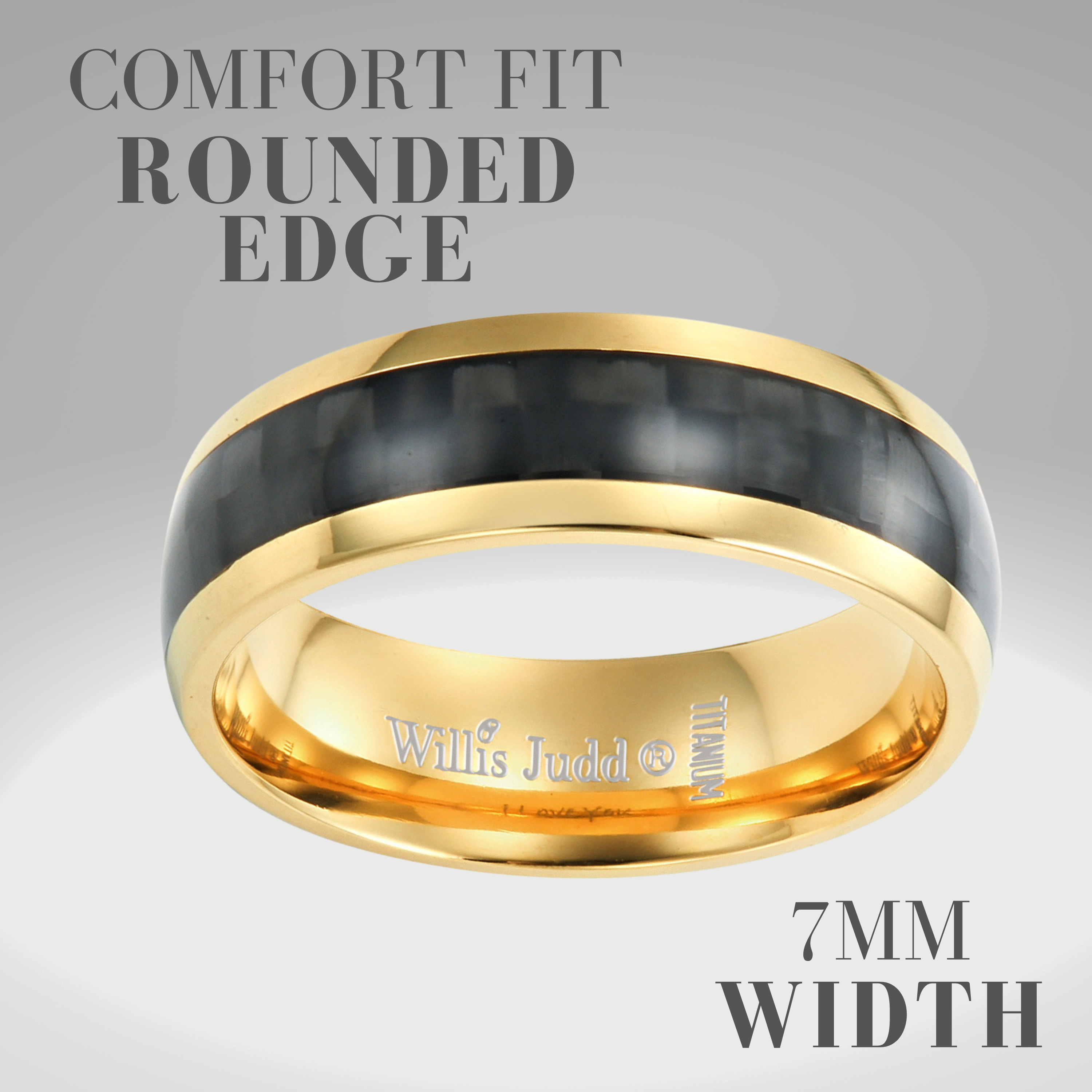 Men’s Gold Titanium Ring with Black Carbon Fiber Etched I Love You