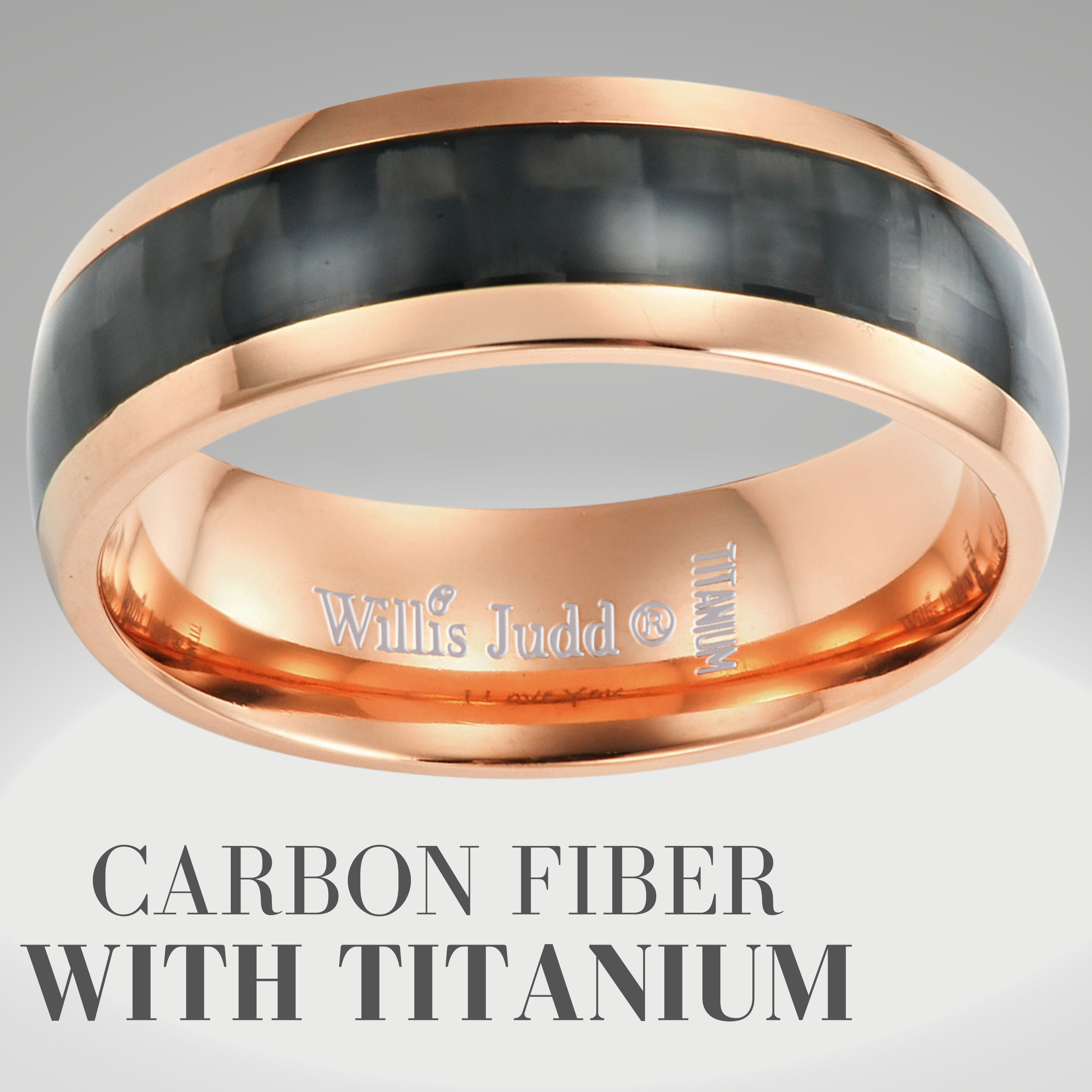 Men's Rose Gold Ring Etched I love You with Black Carbon Fibre