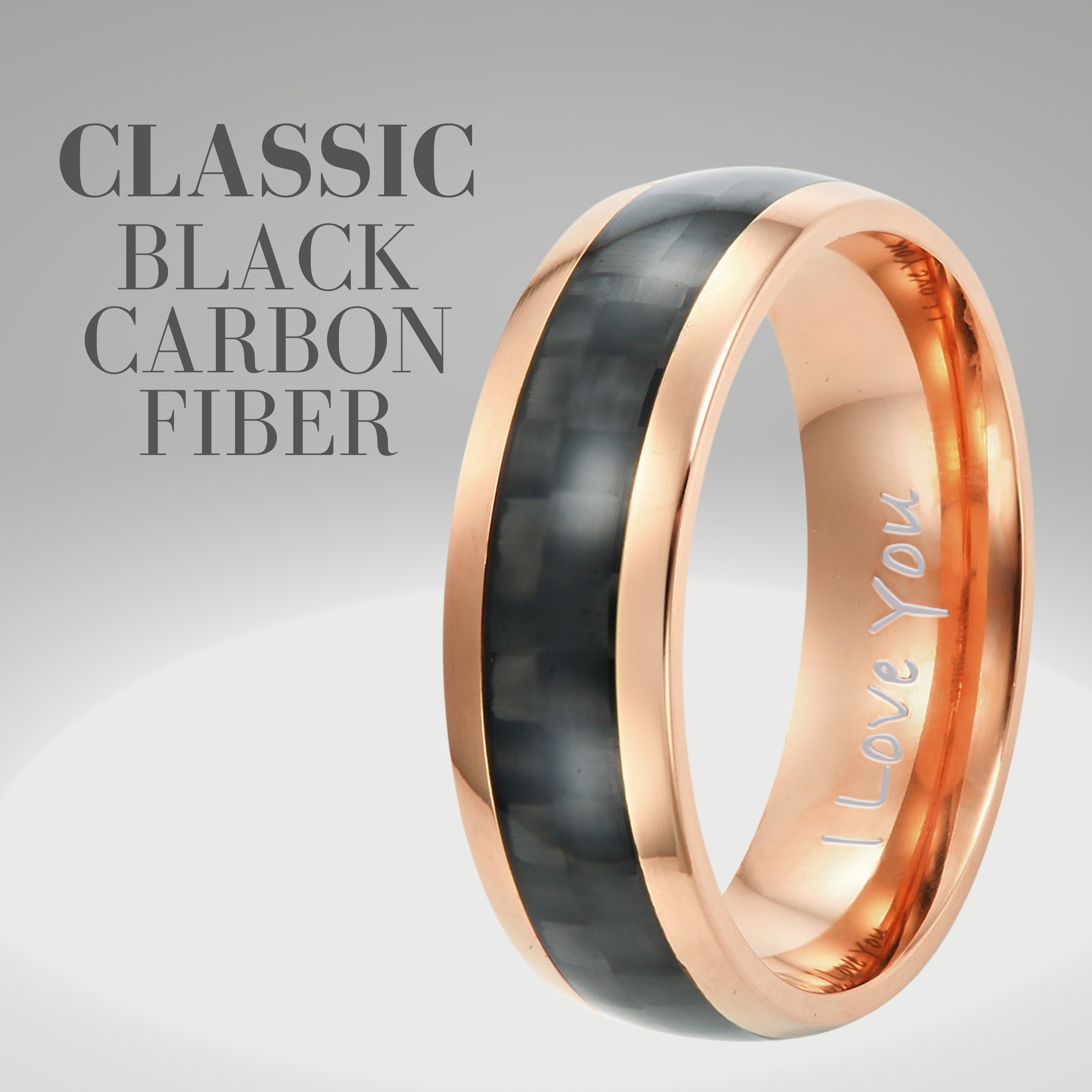 Men's Rose Gold Ring Etched I love You with Black Carbon Fibre