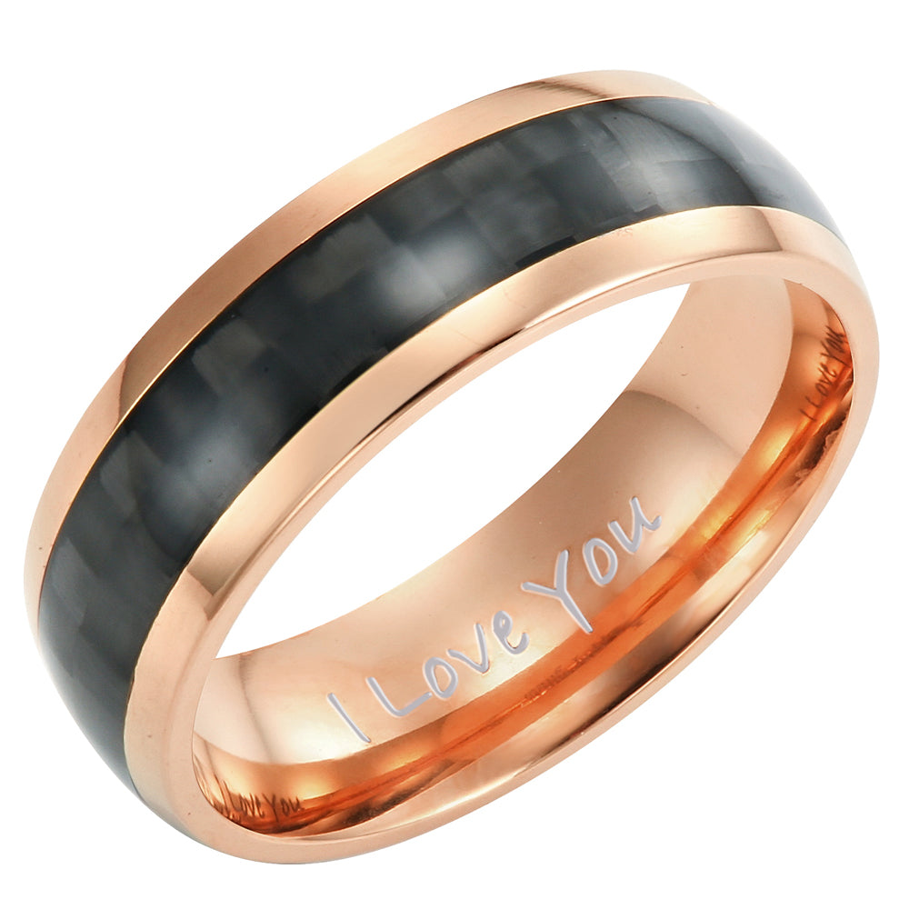 Men's Rose Gold Titanium Ring with Black Carbon Fiber, Engraved I love You 