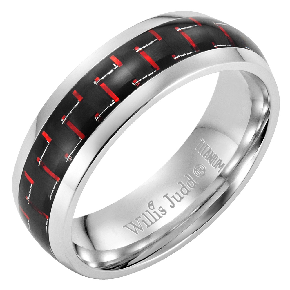 Mens Titanium Ring with Red Carbon Fibre 