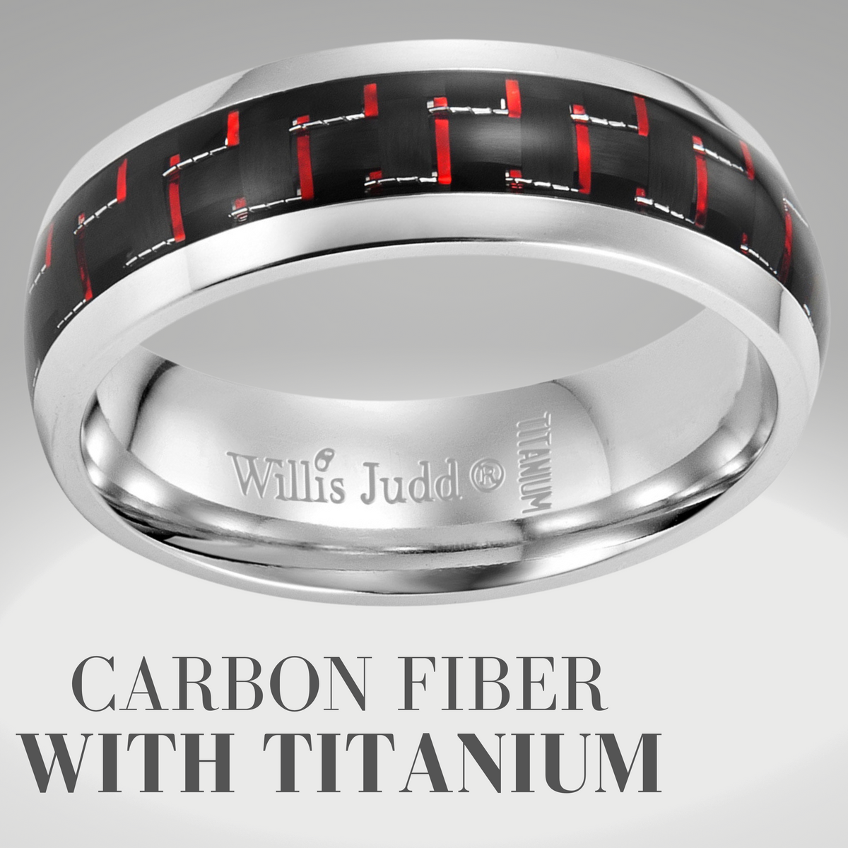 Mens Titanium Ring with Red Carbon Fibre