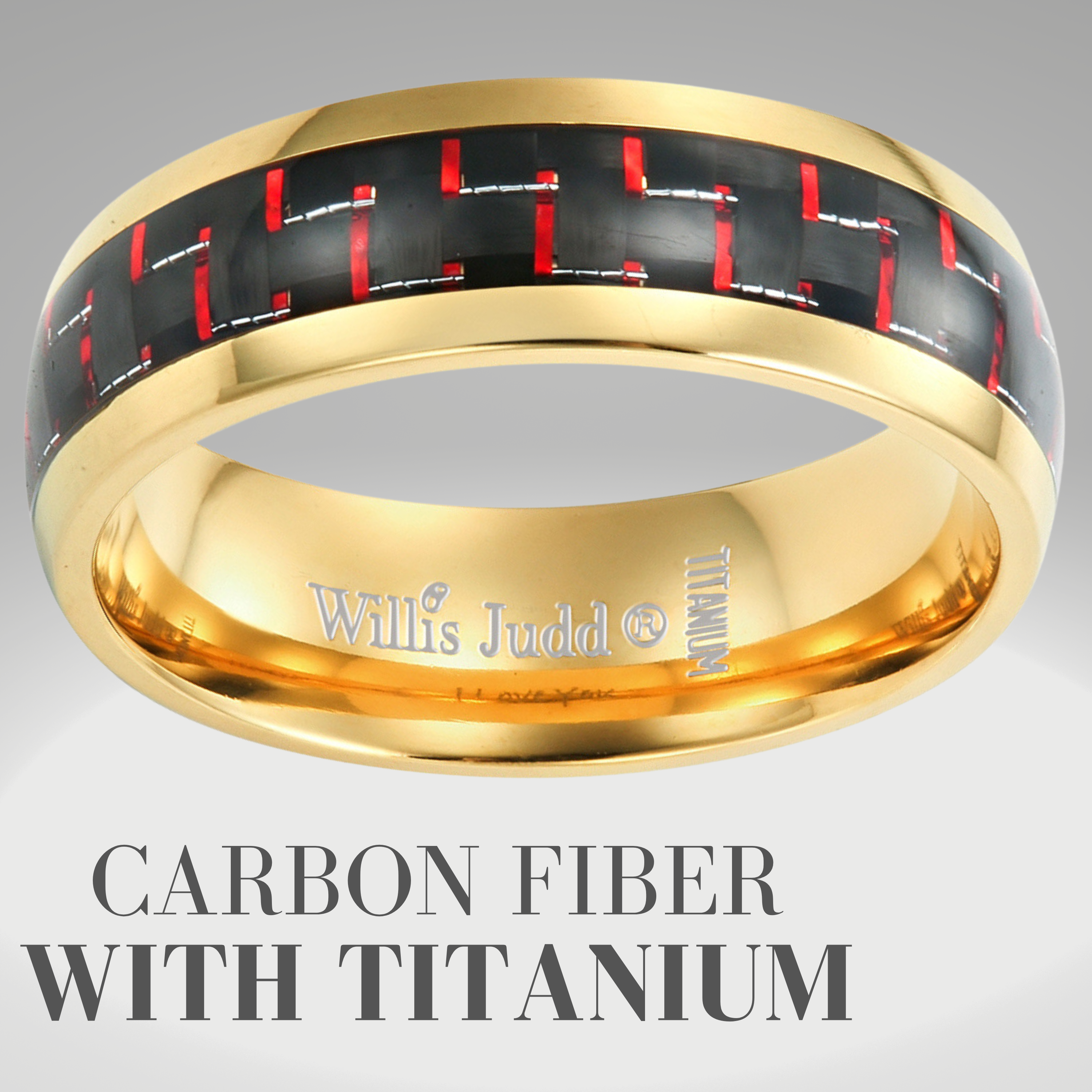 Men’s Gold Titanium Ring Etched I Love You with Red Carbon 7mm