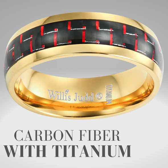 Men’s Gold Titanium Ring Engraved I Love You with Red Carbon 7mm