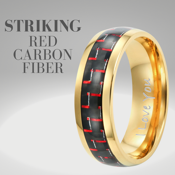 Men’s Gold Titanium Ring Engraved I Love You with Red Carbon 7mm