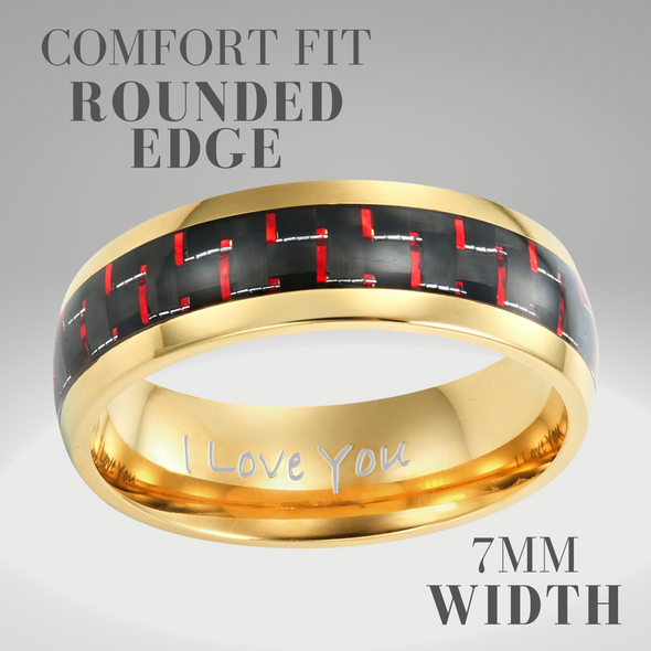 Men’s Gold Titanium Ring Engraved I Love You with Red Carbon 7mm