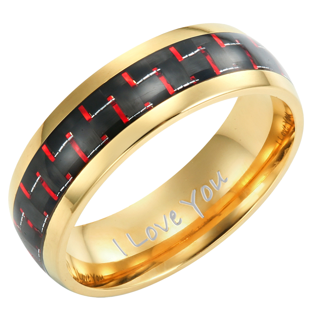 Men’s Gold Titanium Ring Engraved I Love You with Red Carbon