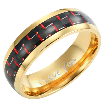 Men’s Gold Titanium Ring Engraved I Love You with Red Carbon 7mm