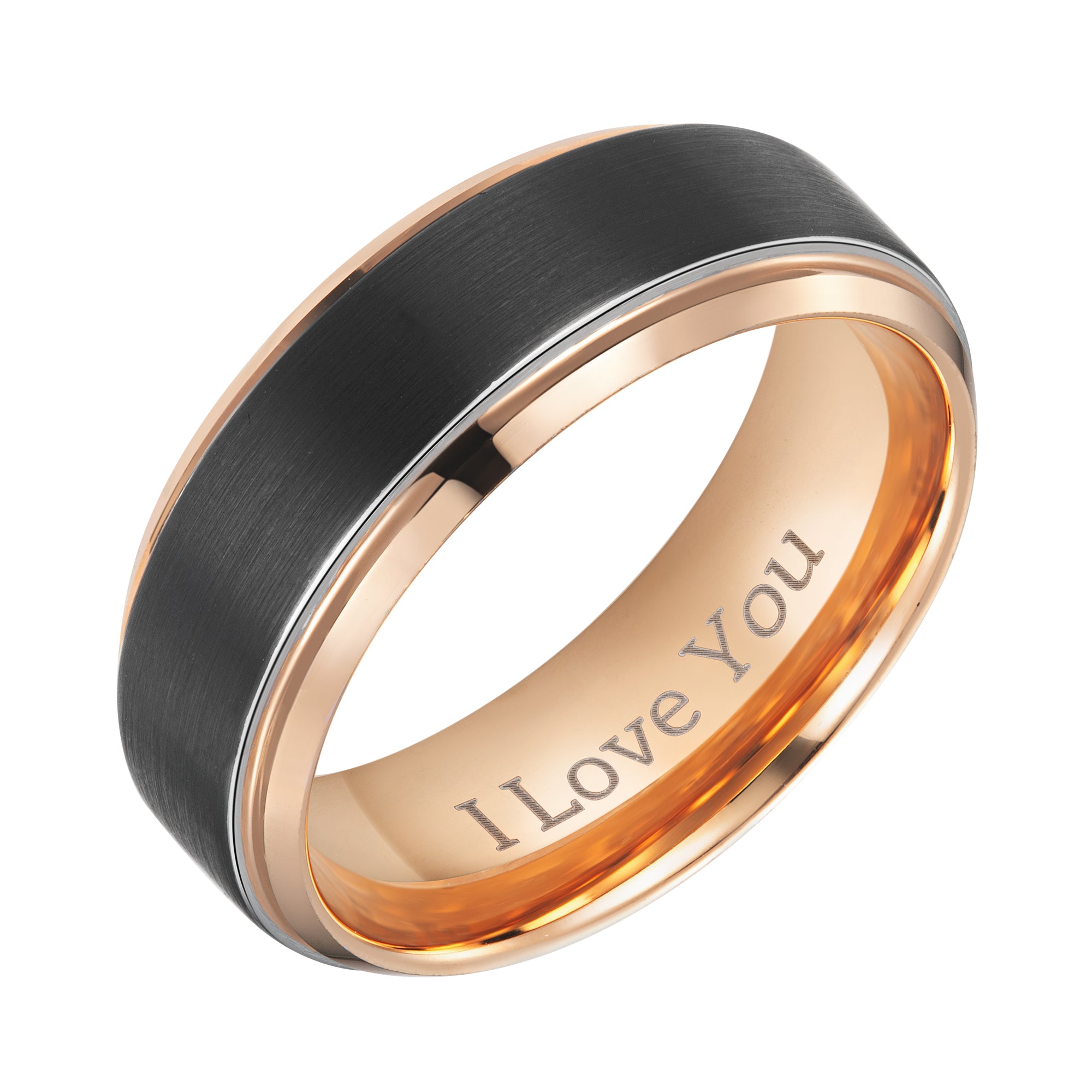 Willis Judd Mens Black Tungsten Ring Engraved I Love You in Wooden Gift Box 8mm Comfort Fit Rose Gold