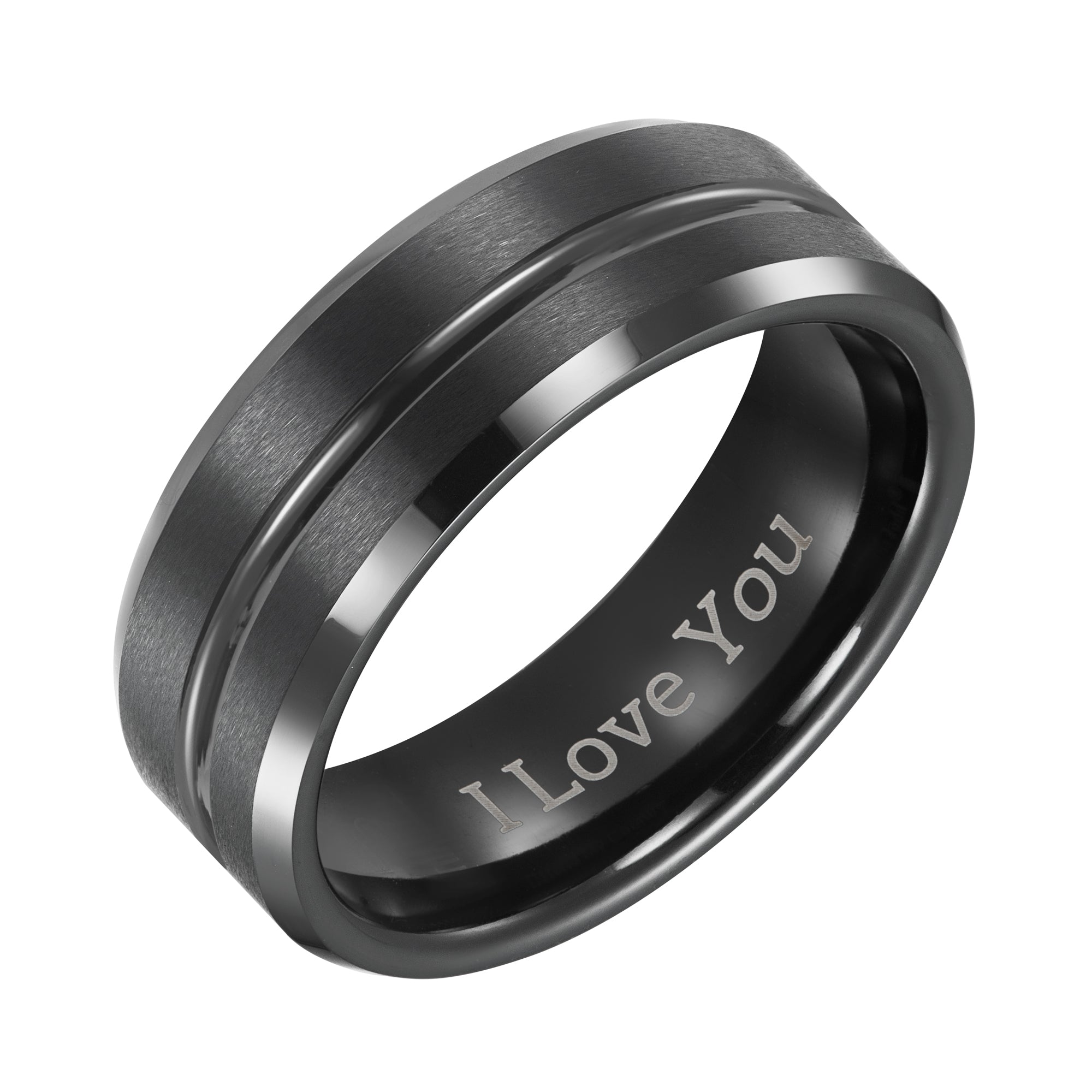Willis Judd Mens Tungsten Ring Engraved I Love You in Wooden Gift Box 8mm Comfort Fit Black
