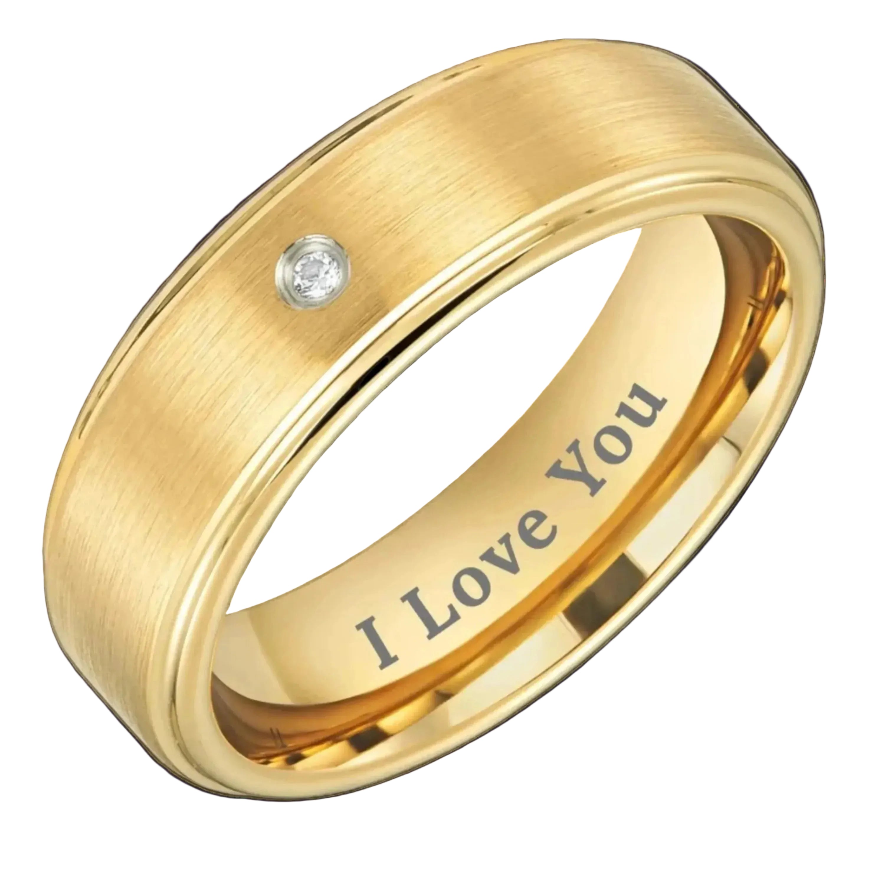 Gold ring with 'I Love You' engraving and diamond on a white background
