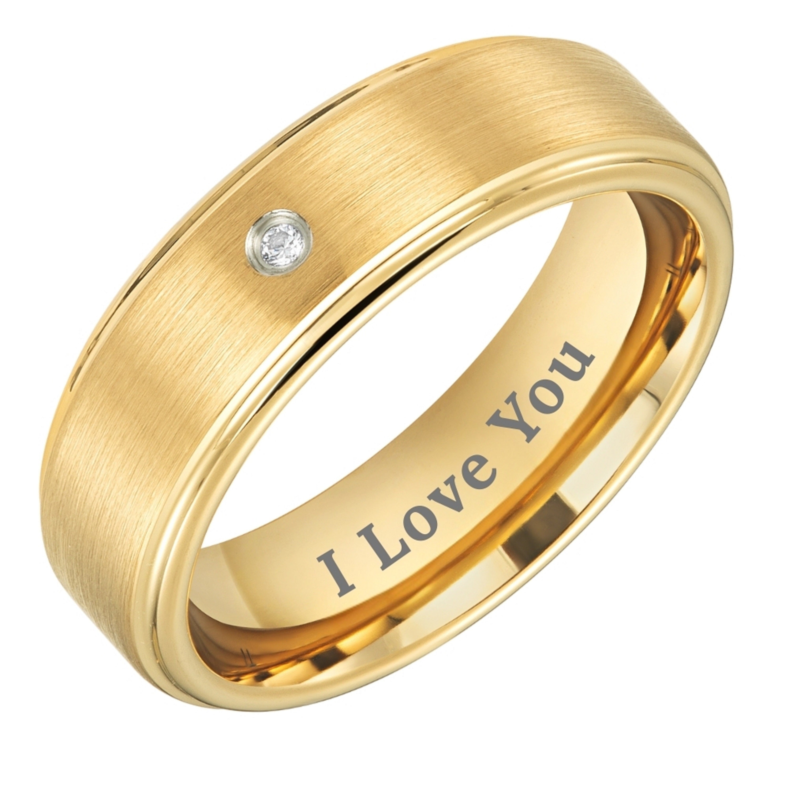 Willis Judd Mens Tungsten Gold Ring Engraved I Love You in Wooden Gift Box 7mm Comfort Fit CZ Stone
