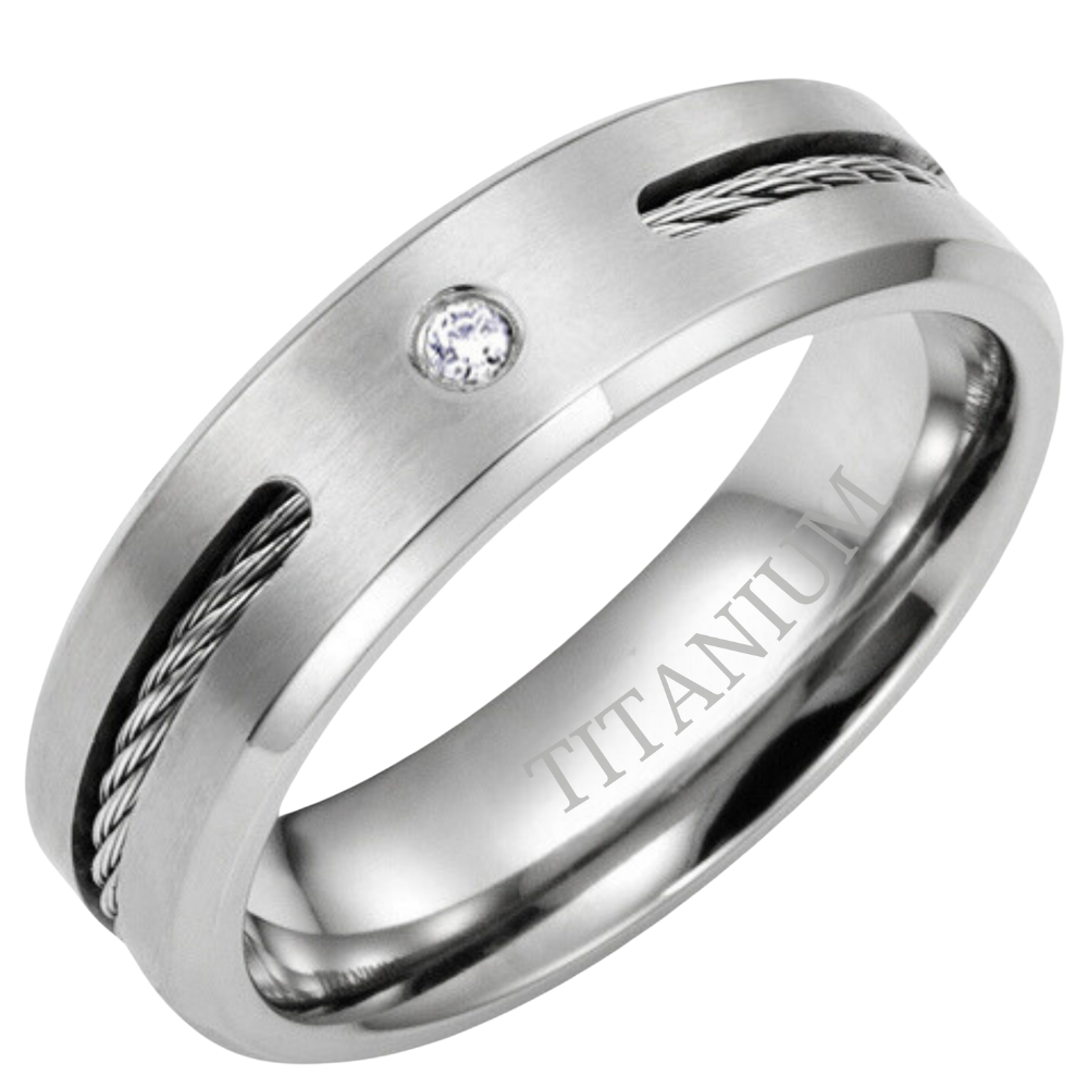 Mens Titanium Ring with CZ Accent Stone Engraved I Love You