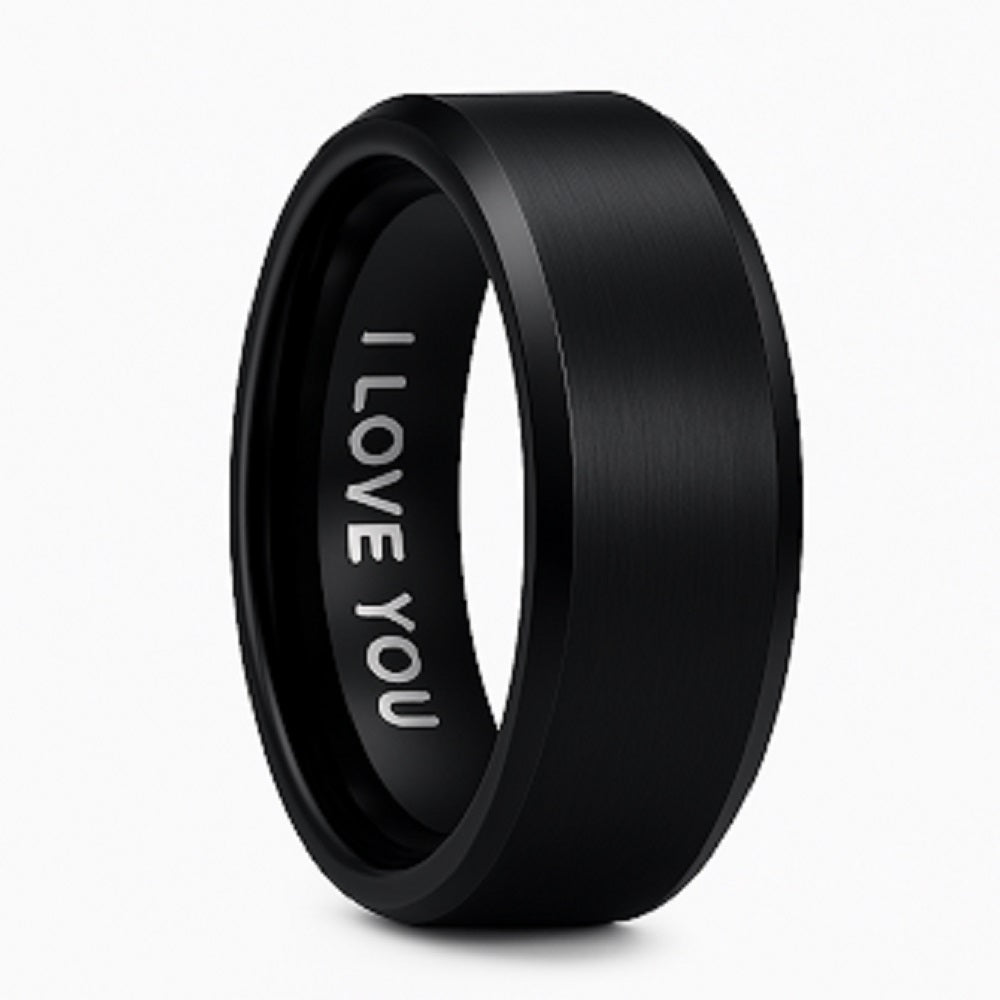 Willis Judd Mens Black Tungsten Ring Engraved I Love You in Wooden Gift Box 8mm Comfort Fit