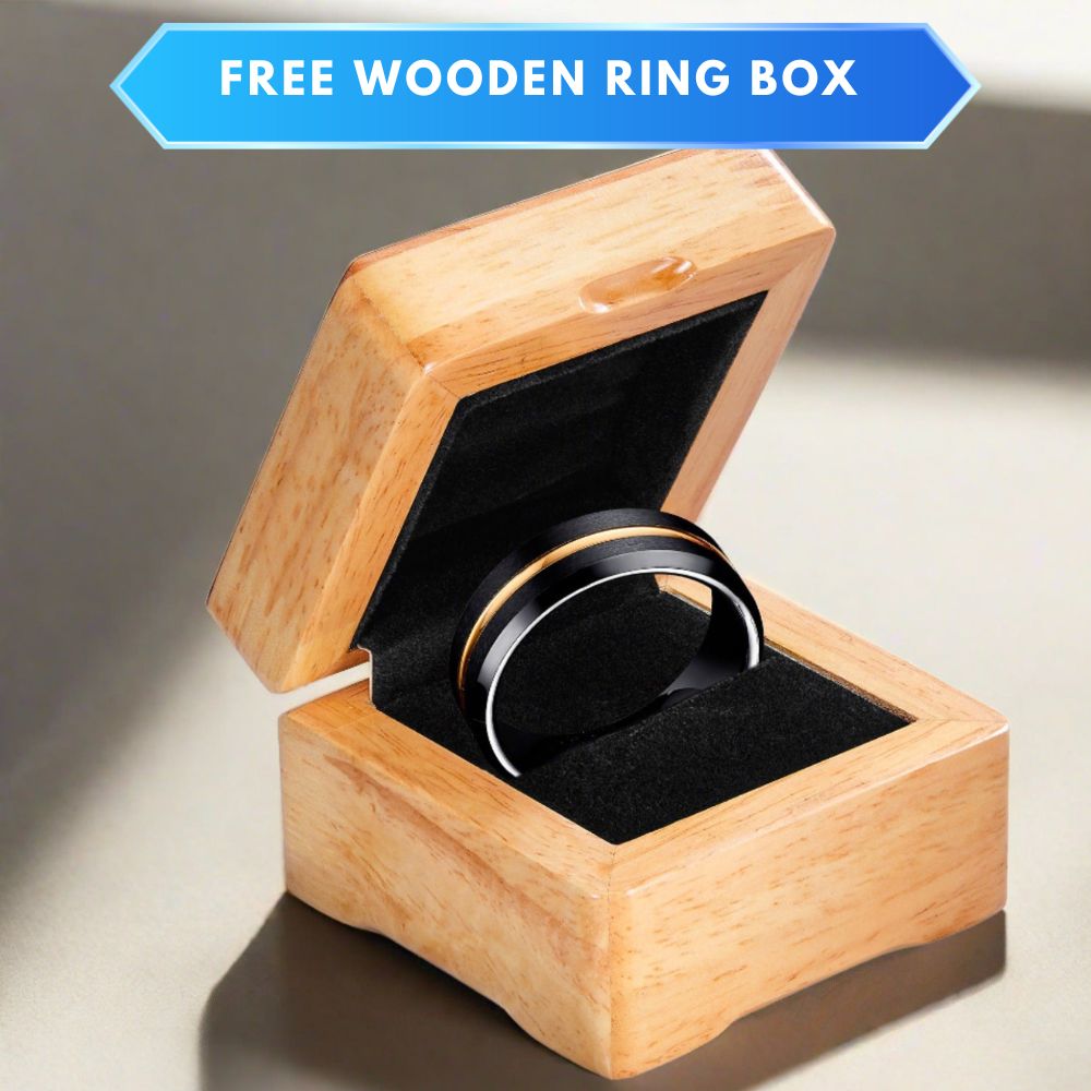 Mens Black Tungsten Ring 8mm Gold Stripe