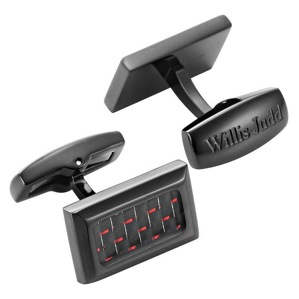 Willis Judd Men’s Black Stainless Steel with Red Carbon FIber Cufflinks with Gift Pouch