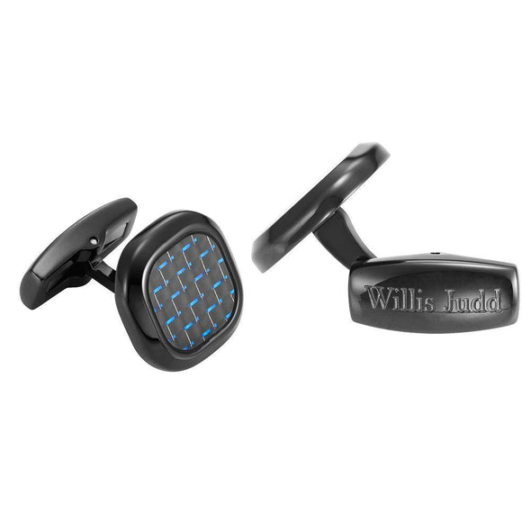Willis Judd Men’s Black Stainless Steel with Blue Carbon FIber Cufflinks with Pouch
