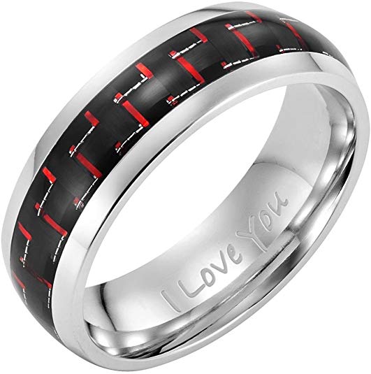 Willis Judd Mens 7mm High Polished Titanium Ring with Red Carbon Fibre Engraved I Love You Gift Boxed