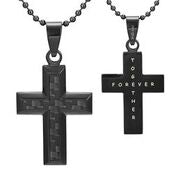 Mens Cross Black Carbon Fiber Pendant Etched 'Together Forever'
