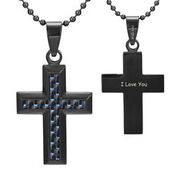 Mens Stainless Steel Black Carbon Fiber Pendant Necklace