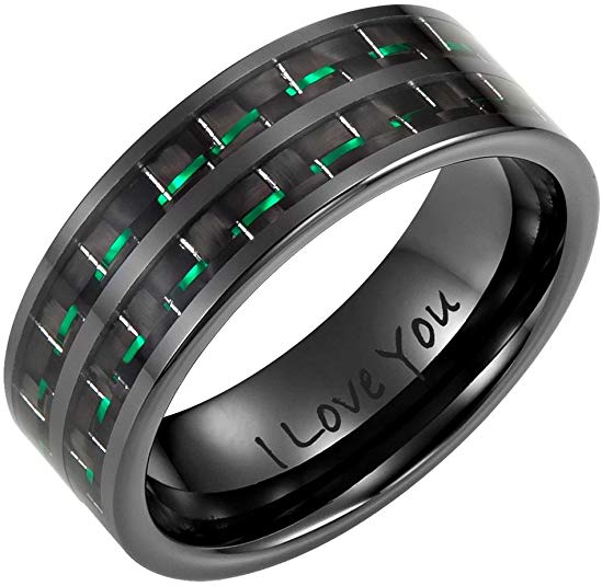 Willis Judd New Men's Ceramic Ring (Black, Green Carbon Fiber, Engraved I Love You)