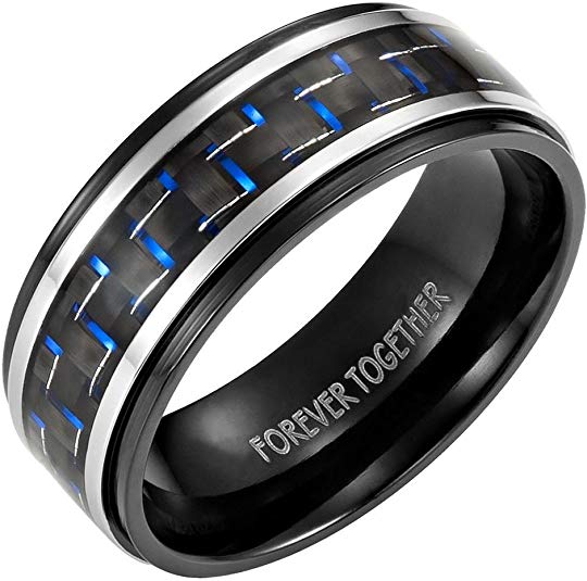 Wilils Judd Mens 8mm Titanium Blue Carbon Fiber Ring Engraved Forever Together in Gift Packaging Black