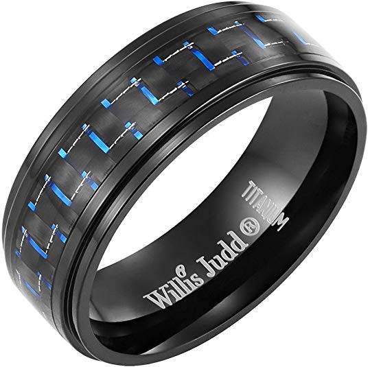 Willis Judd Men's Ring (Black Titanium, Blue CZ Centerpiece, Carbon Fiber, I Love You)