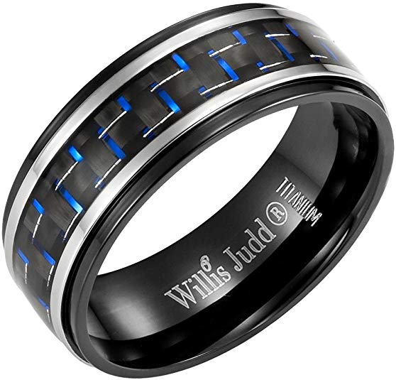 Wilils Judd Mens 8mm Titanium Blue Carbon Fiber Ring Engraved Forever Together in Gift Packaging Black