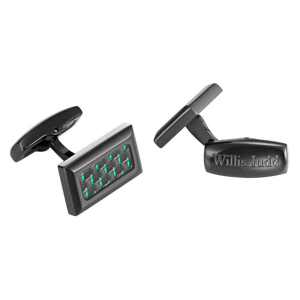Willis Judd Men's Black Stainless Steel with Green Carbon fibre Cufflinks with Gift Pouch