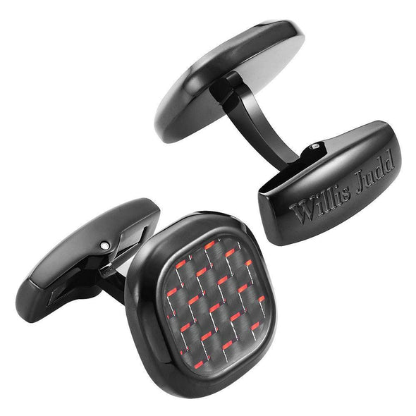Willis Judd Men’s Black Stainless Steel with Red Carbon FIber Cufflinks with Pouch