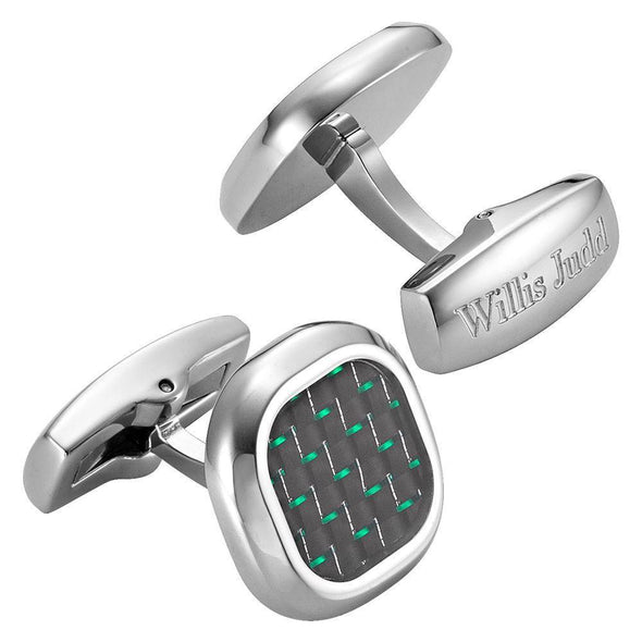 Willis Judd Men’s Stainless Steel with Green Carbon FIber Cufflinks with Pouch