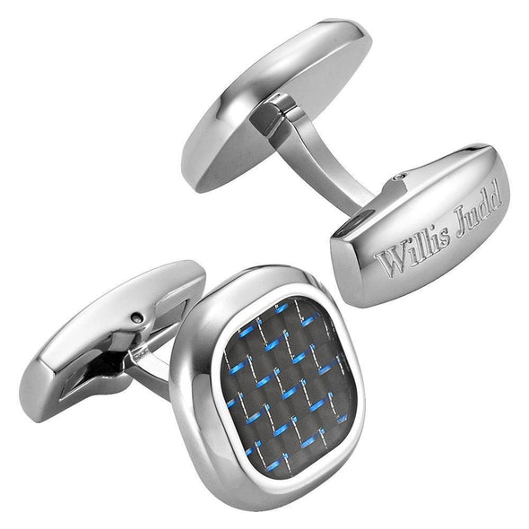 Willis Judd Men’s Stainless Steel with Blue Carbon FIber Cufflinks with Pouch