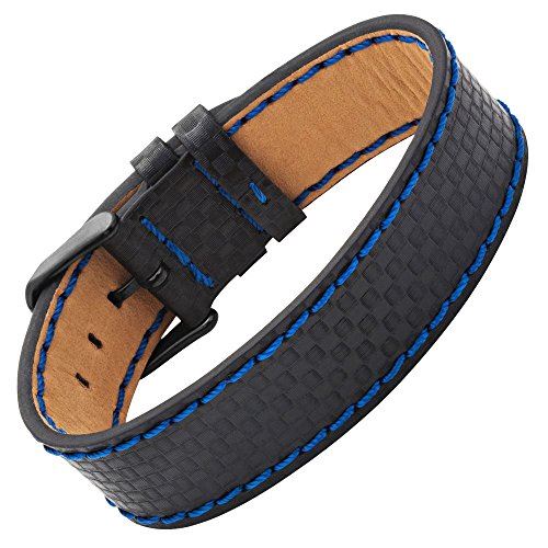 Mens Leather Bracelet Black Carbon Fiber with Blue Stitching Gift Pouch Included By Willis Judd