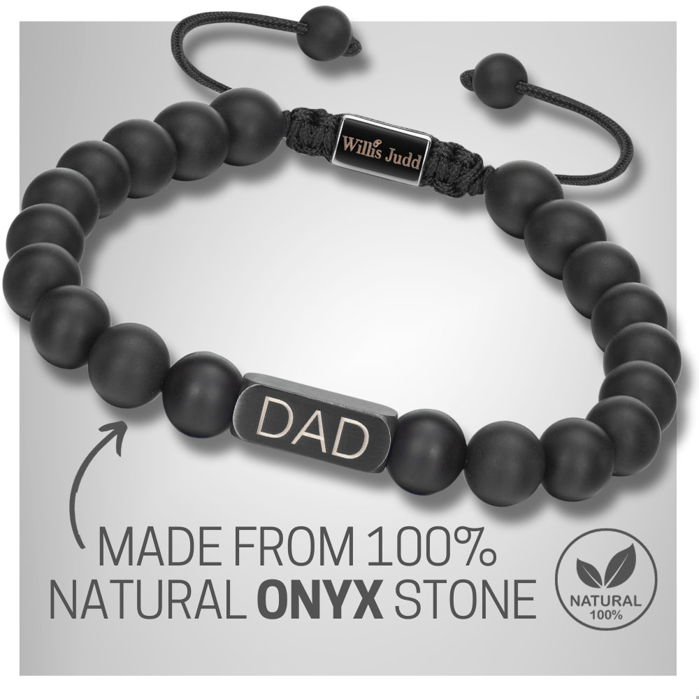 close up view of Black onyx stone Dad beaded bracelet in gift box