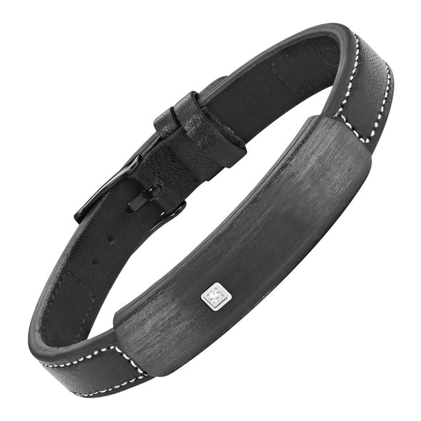 Mens Solid Carbon Fiber Leather Bracelet Clear CZ