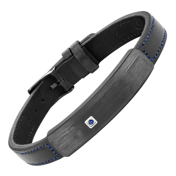 Mens Solid Carbon Fiber Leather Bracelet Blue CZ