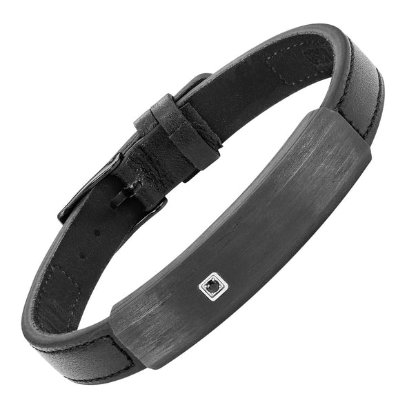 Mens Solid Carbon Fiber Leather Bracelet Black CZ