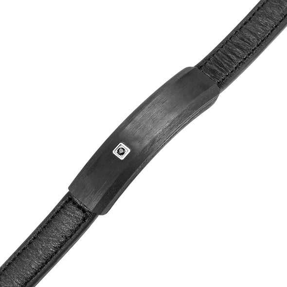 Mens Solid Carbon Fiber Leather Bracelet Black CZ
