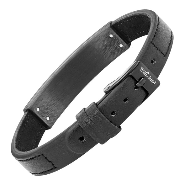 Mens Solid Carbon Fiber Leather Bracelet Black CZ