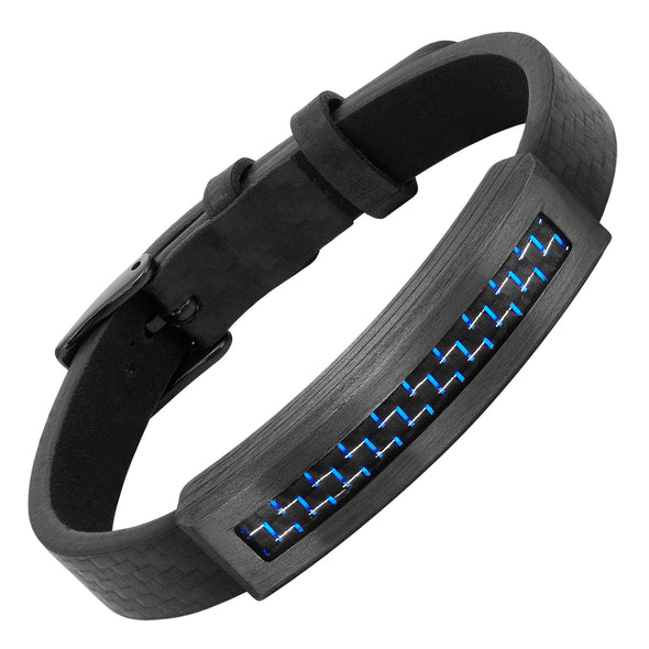 Mens Blue Carbon Fiber Leather Bracelet