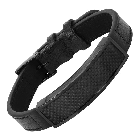 Mens Black Carbon Fiber Leather Bracelet Engraved I Love You