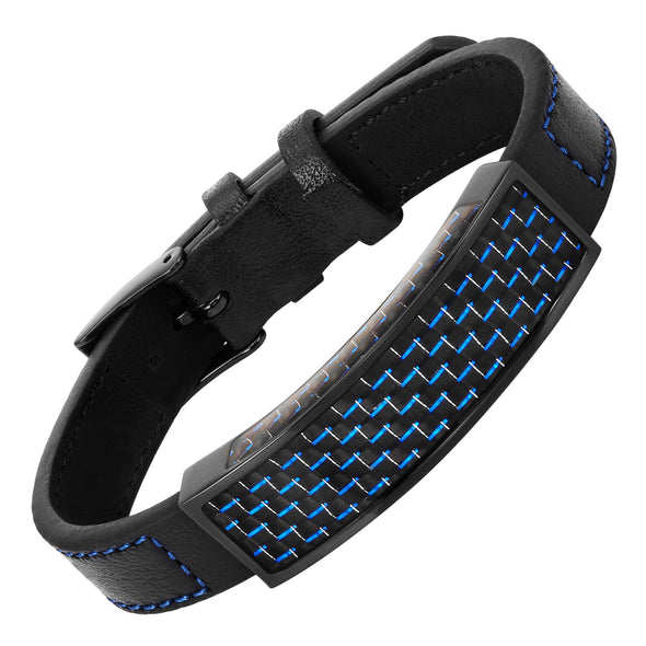 Mens Blue Carbon Fiber Leather Bracelet Engraved I Love You