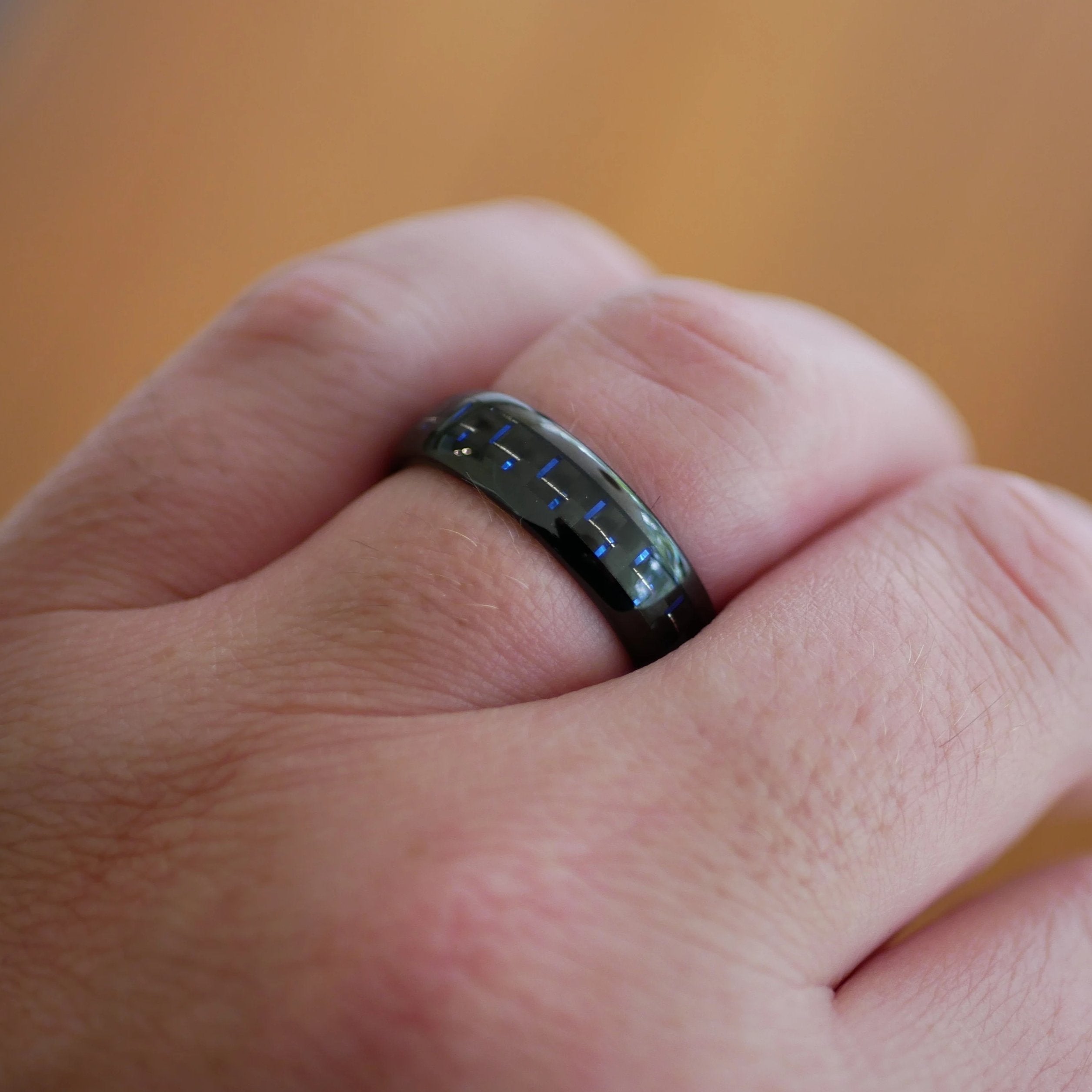 Men's Black Tungsten Ring with Blue Carbon Fiber