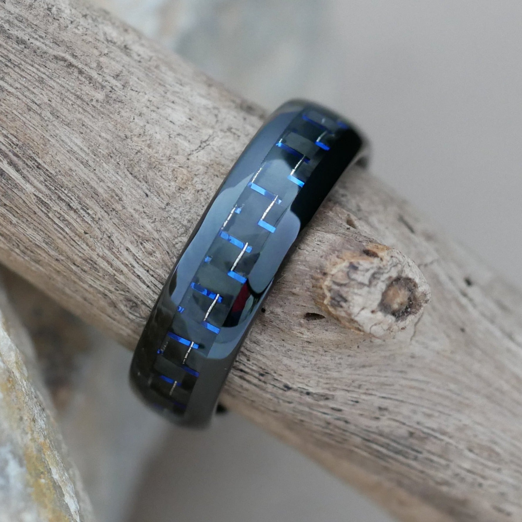Men's Black Tungsten Ring with Blue Carbon Fiber