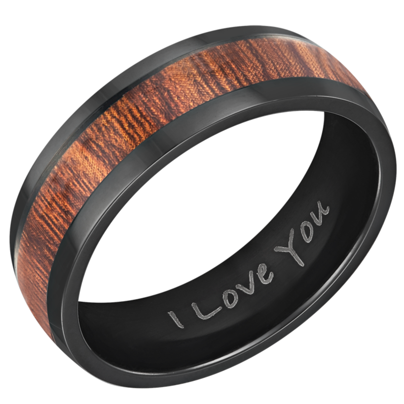 Mens Black Titanium Wooden Ring Engraved I Love You 7mm