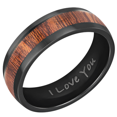 Mens Black Titanium Wooden Ring Engraved I Love You 7mm