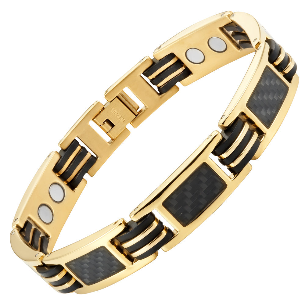 Mens Magnetic Bracelet, Gold with Carbon Fiber, Size Adjustable By Willis Judd